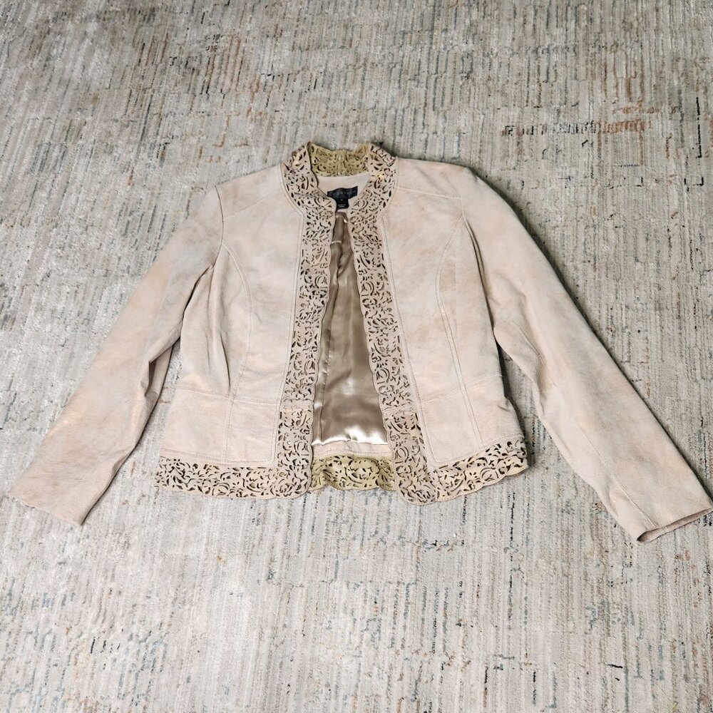 Bagatelle Women's Open Front Tan Brown Leather jacket, Size M